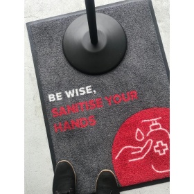 These digitally printed carpet floor mats are designed to sit under sanitising stations and help to encourage customers to sanitise their hands.